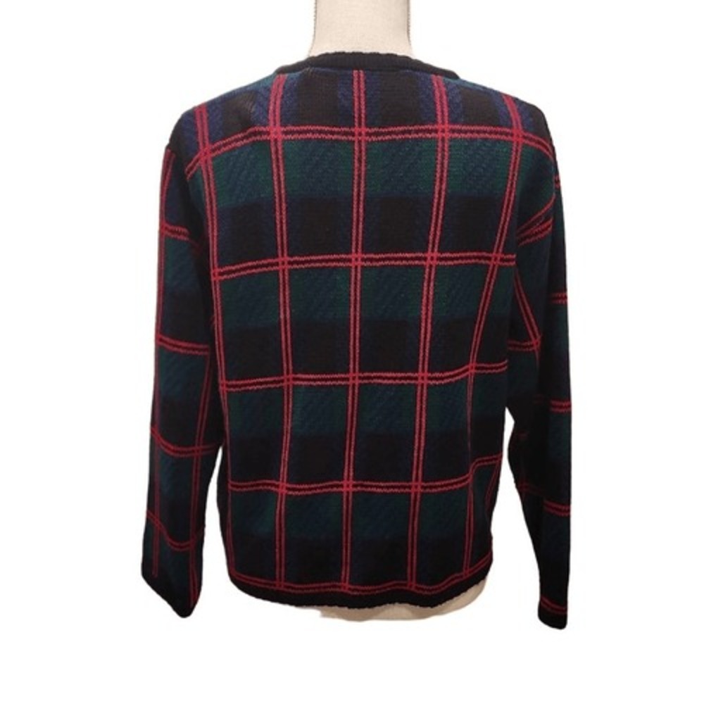 Vintage Tally-Ho Plaid Cardigan Sweater Medium Red Green Blue Crest Buttons 90s - Picture 2 of 12